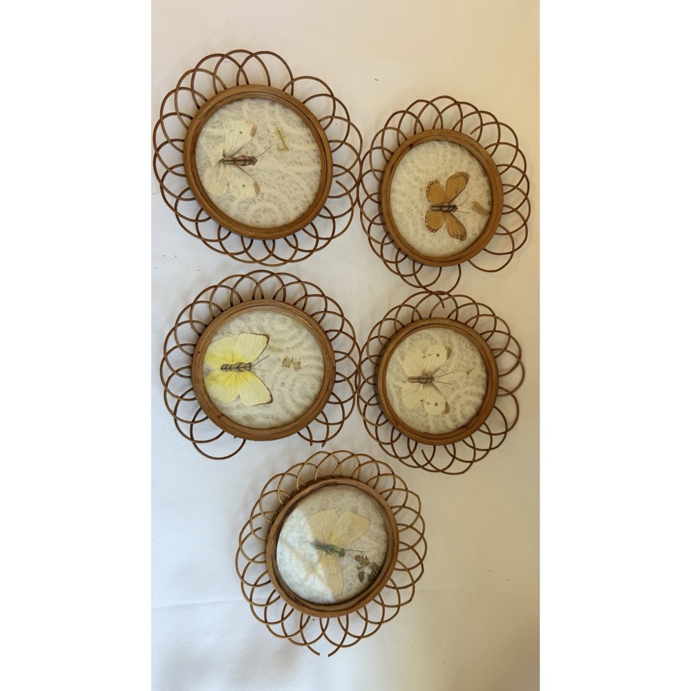 Vintage Set Of 5 Butterfly Rattan Wicker Coasters READ
